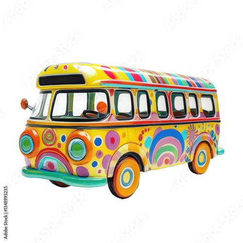 3D cute style on white background isolated png. Colorful Retro Van with Psychedelic Design