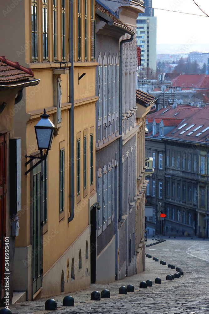 Colorful historic buildings in central Zagreb, Croatia.