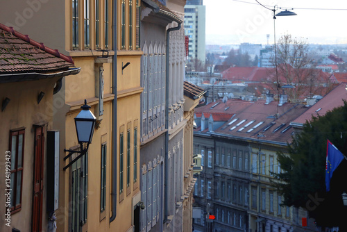 Colorful historic buildings in central Zagreb, Croatia.