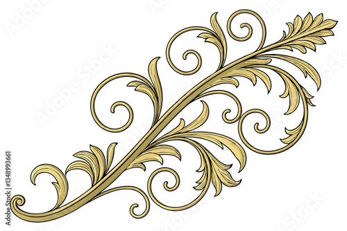33 Golden ornate floral baroque scroll, intricate gilded filigree, rococo design, metallic gold finish, symmetrical curving patterns, elaborate decorative element, luxury jewelry detail, 3D rendering,
