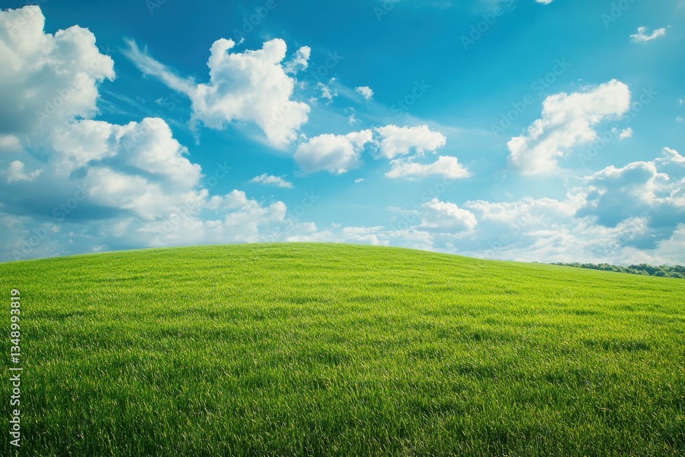 A Serene Green Field Under a Vibrant Blue Sky with Fluffy Clouds A Serene Green Field Under a Vibrant Blue Sky with Fluffy Clouds