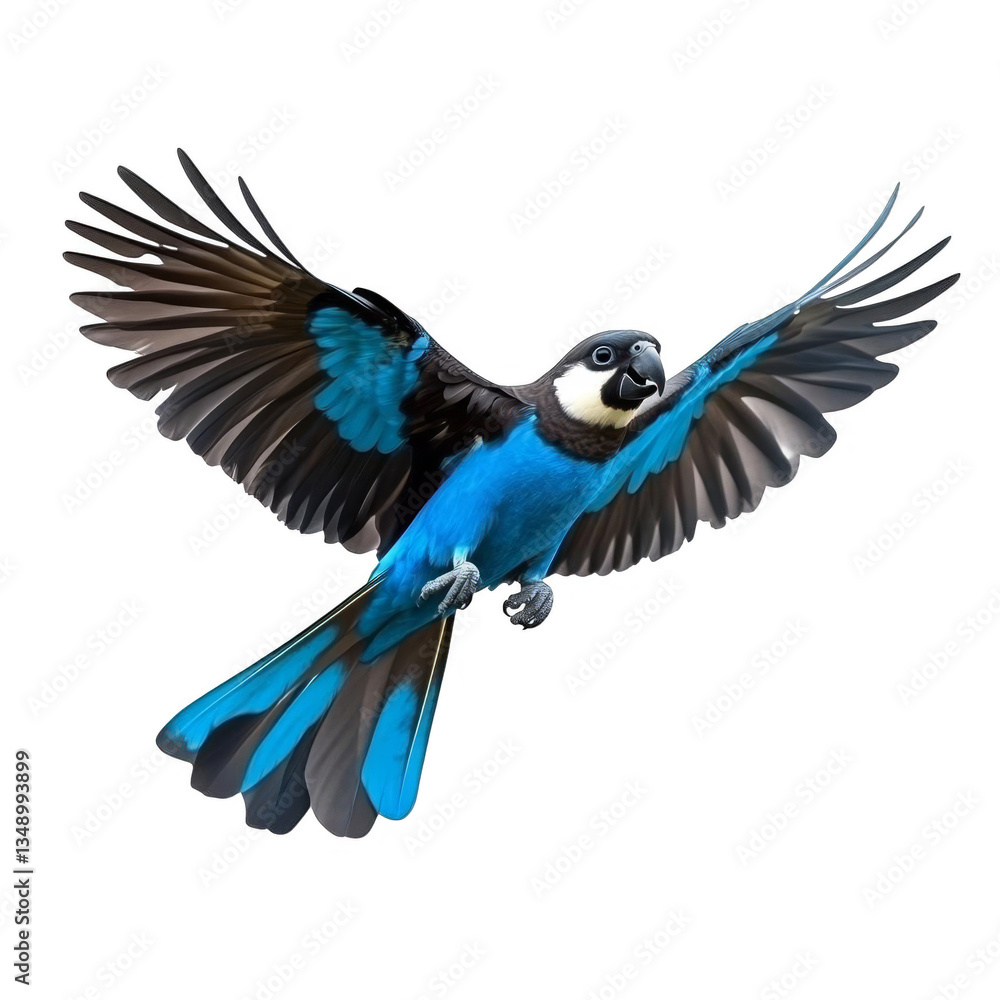 Fototapeta premium Blue Bird Isolated On Transparent Background Realistic Photo Showing Detail Of Flying Animal With Colorful Feathers And Black Wings On White Background, Optimized For Adobe Stock