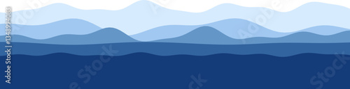 Abstract blue mountain landscape with layered hills in various shades of blue.