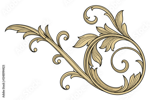 33 Golden ornate floral baroque scroll, intricate gilded filigree, rococo design, metallic gold finish, symmetrical curving patterns, elaborate decorative element, luxury jewelry detail, 3D rendering,