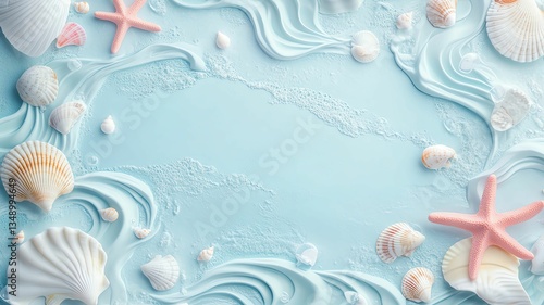 Illustration pastel minimal mockup blank frame for background A serene beach scene with shells and water.