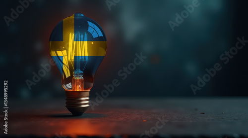 A patriotic concept: A light bulb with the Sweden flag design glowing in the dark, symbolizing ingenuity, technology, and energy independence