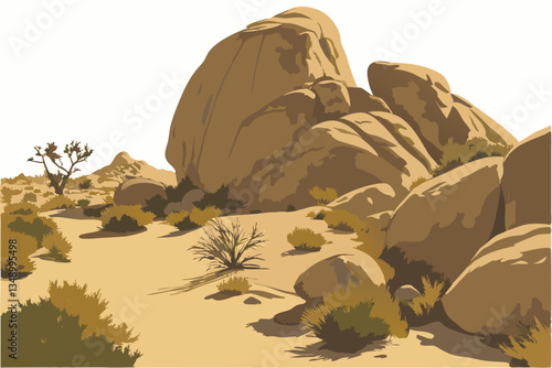 34 Photorealistic desert rocks, large boulders, scattered vegetation, arid landscape, warm sunlight, textured stone surfaces, isolated rock formation, desert scrub brush, weathered geological features