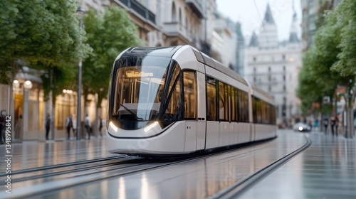 Modern light rail tram in urban street scene.  A sleek, light gray tram moves through a city street lined with shops, pedestrians, and mature trees.  The tram's design is modern and efficient