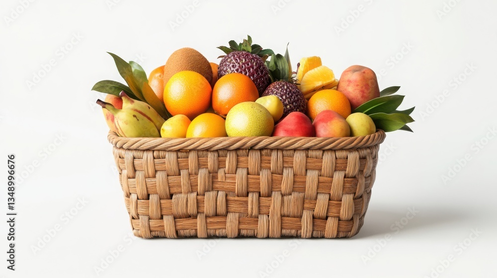 Classic woven picnic basket filled with fresh tropical fruits perfectly placed on a solid white background Classic woven picnic basket filled with fresh tropical fruits perfectly placed on a solid white background