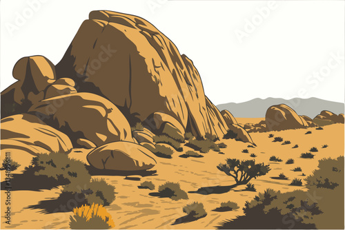 34 Photorealistic desert rocks, large boulders, scattered vegetation, arid landscape, warm sunlight, textured stone surfaces, isolated rock formation, desert scrub brush, weathered geological features