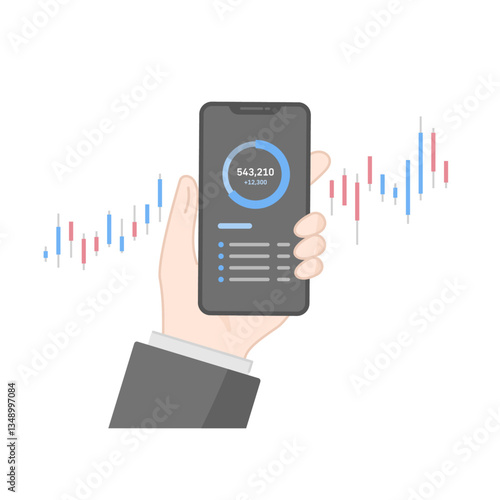 株価、金融資産をスマホでチェックするベクターイラスト (線画・フラット)