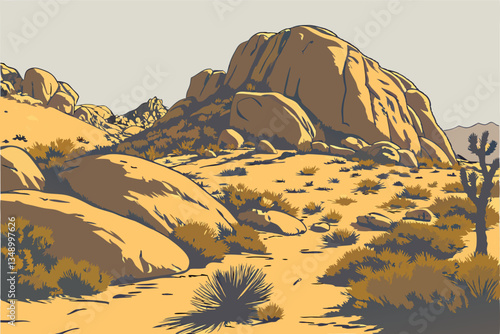34 Photorealistic desert rocks, large boulders, scattered vegetation, arid landscape, warm sunlight, textured stone surfaces, isolated rock formation, desert scrub brush, weathered geological features