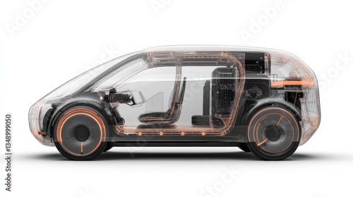 A transparent self-driving electric car showcasing its AI-powered interface