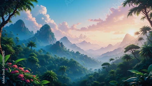 Beautiful landscape with jungle and mountains.Digital illustration lush jungle scene background.