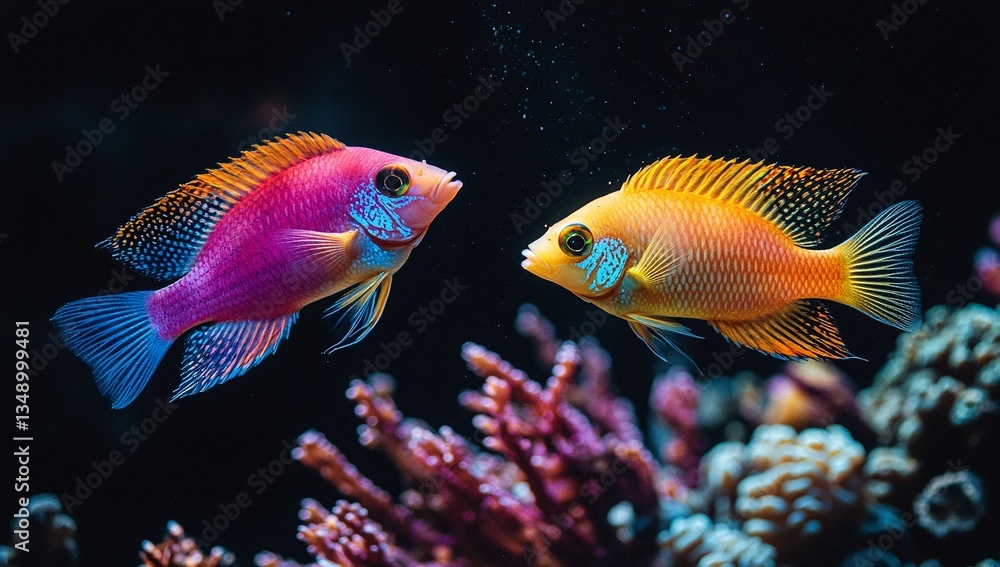 Vibrant pink and orange fish swim gracefully amidst coral, creating a captivating underwater scene.