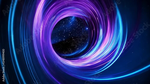 Luminous neon rings creating immersive tunnel effect, pulsing with blue pink, orange, abstract hues converging toward shadowy center background, vivid video 4k