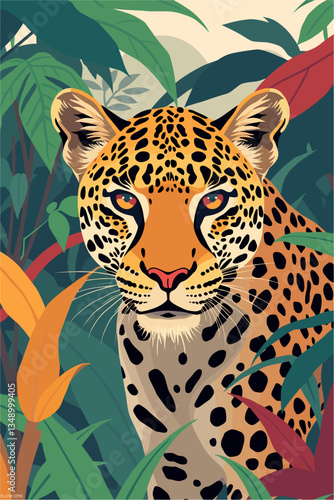 Jungle poster depicting a colorful tropical scene with a leopard in the foreground. Retro style colorful vector art illustration