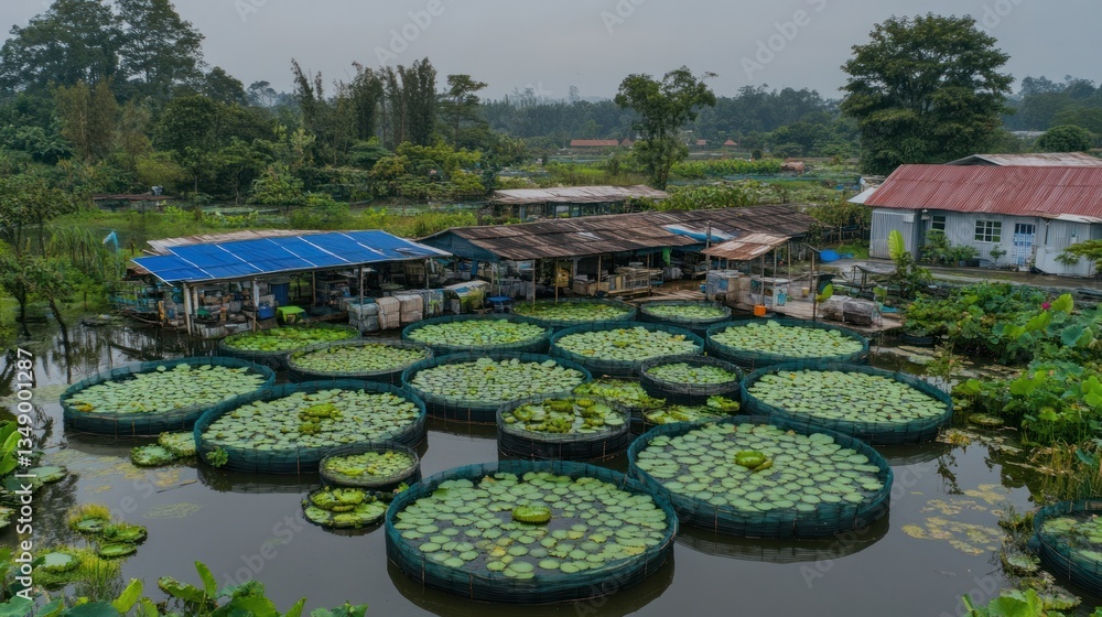 Fototapeta premium Lotus farm aerial view, rural pond