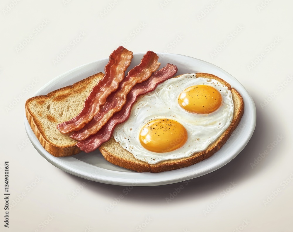 Delicious breakfast platter of toast, bacon, and fried eggs on a plate Delicious breakfast platter of toast, bacon, and fried eggs on a plate