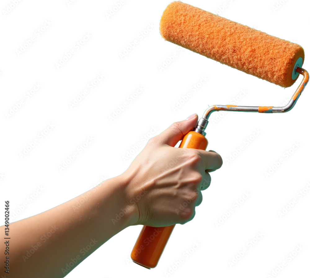 Hand holding paint roller with transparent background