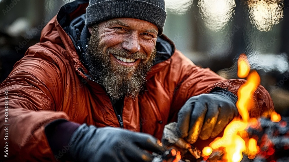 Fototapeta premium Amidst the crisp embrace of nature, a rugged man finds solace and joy beside a crackling fire His weathered face beams with genuine warmth as he tends to the dancing flames, his gloved hands deftly