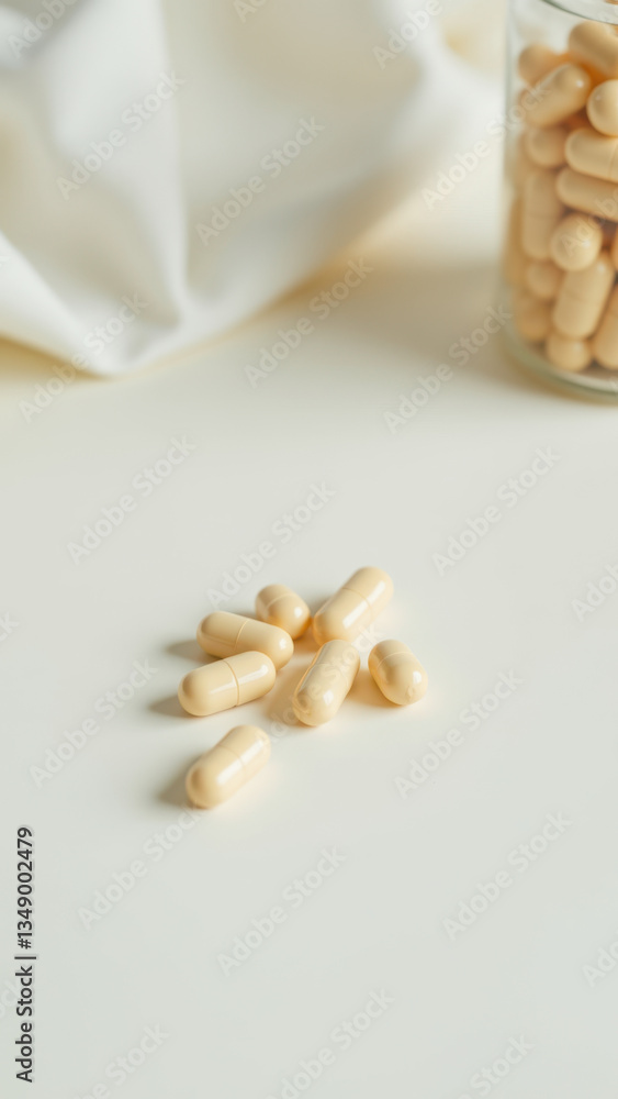 Magnesium Glycinate capsules against white background with blurred stock photo effect. Magnesium Glycinate capsules against white background with blurred stock photo effect.