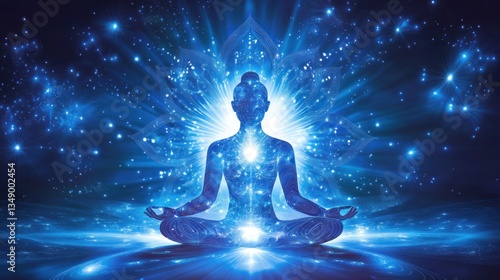 Glowing Yoga Pose, Cosmic Background, Meditation