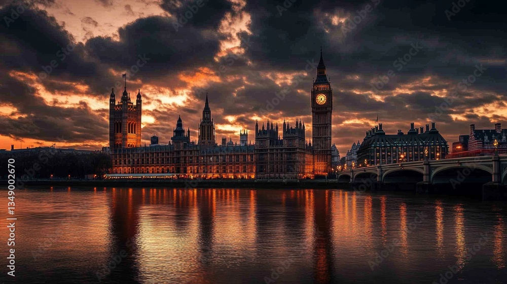 A stunning evening view of the Westminster Palace and Big Ben in London, set against a dramatic sky filled with dark, textured clouds. A stunning evening view of the Westminster Palace and Big Ben in London, set against a dramatic sky filled with dark, textured clouds.