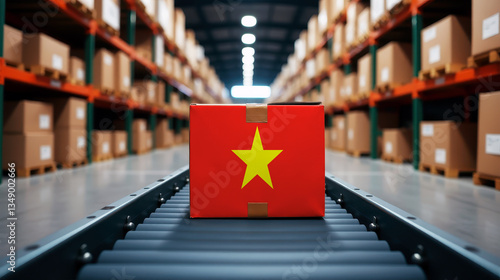 A package wrapped in the Vietnam flag moves on a conveyor belt inside a warehouse. Symbolizing logistics, global trade, and the efficiency of supply chains.
