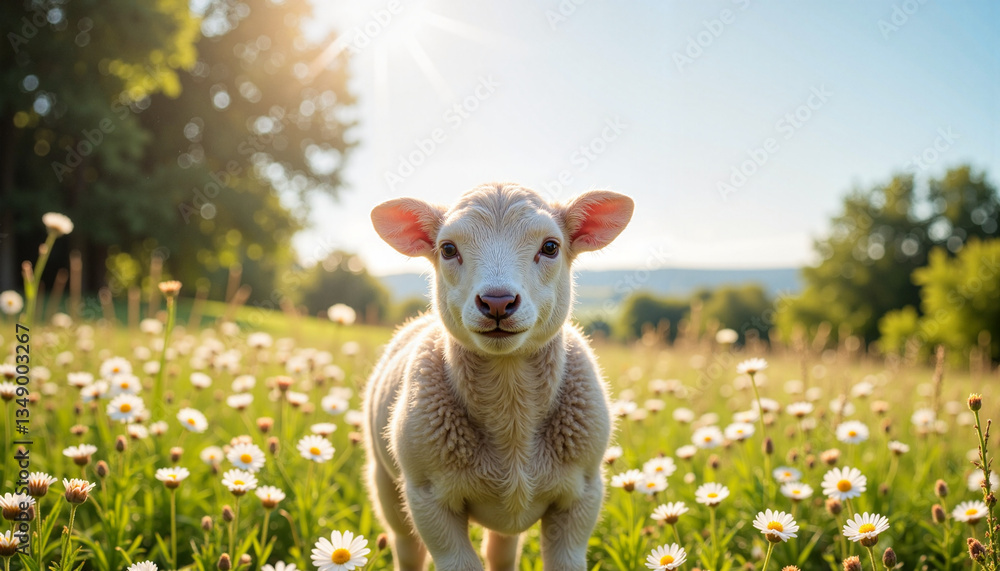 Fototapeta premium Cute lamb standing in a field of daisies under sunlight