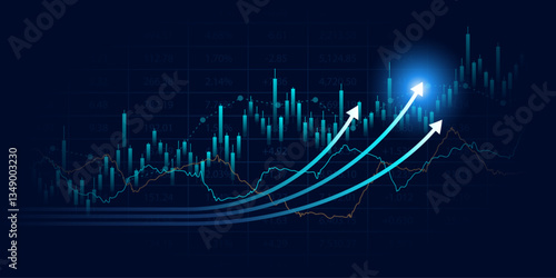 Arrows abstract financial graph with uptrend line and bar chart of stock market on blue color background