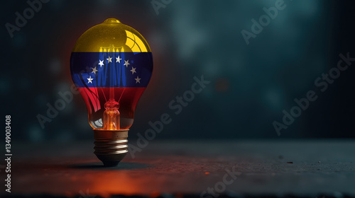 A patriotic concept: A light bulb with the Venezuela flag design glowing in the dark, symbolizing ingenuity, technology, and energy independence