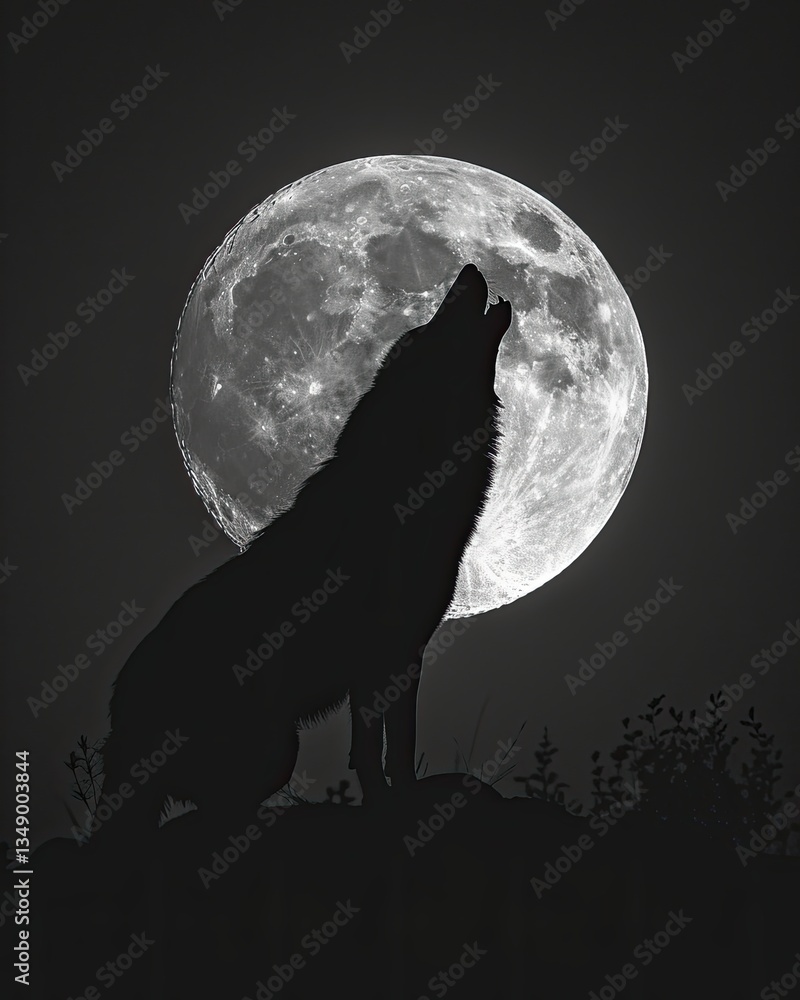 Fototapeta A wolf sits on a mountain and howls at the full moon.