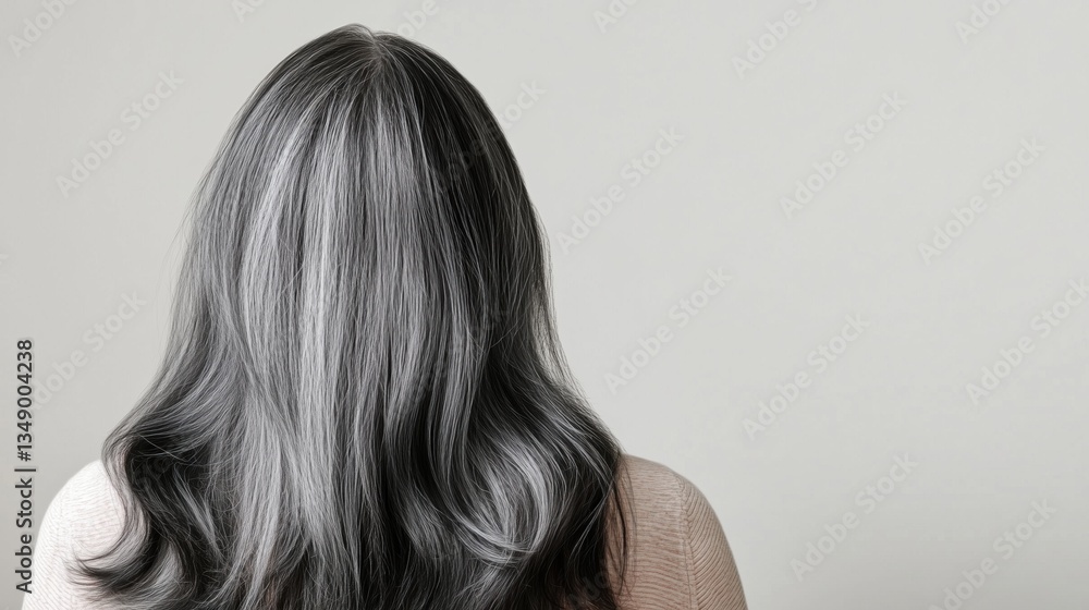 Fototapeta premium Gray-haired individual with long, wavy hair facing neutral wall in minimalistic setting during daytime