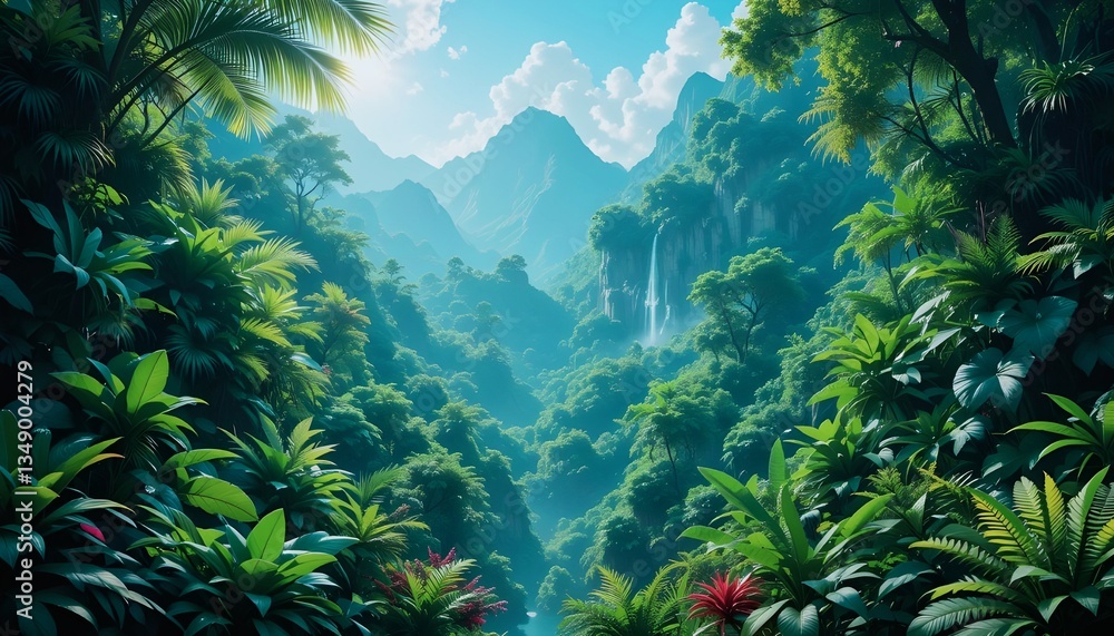 Obraz premium Beautiful landscape with jungle and mountains.Digital illustration lush jungle scene background.