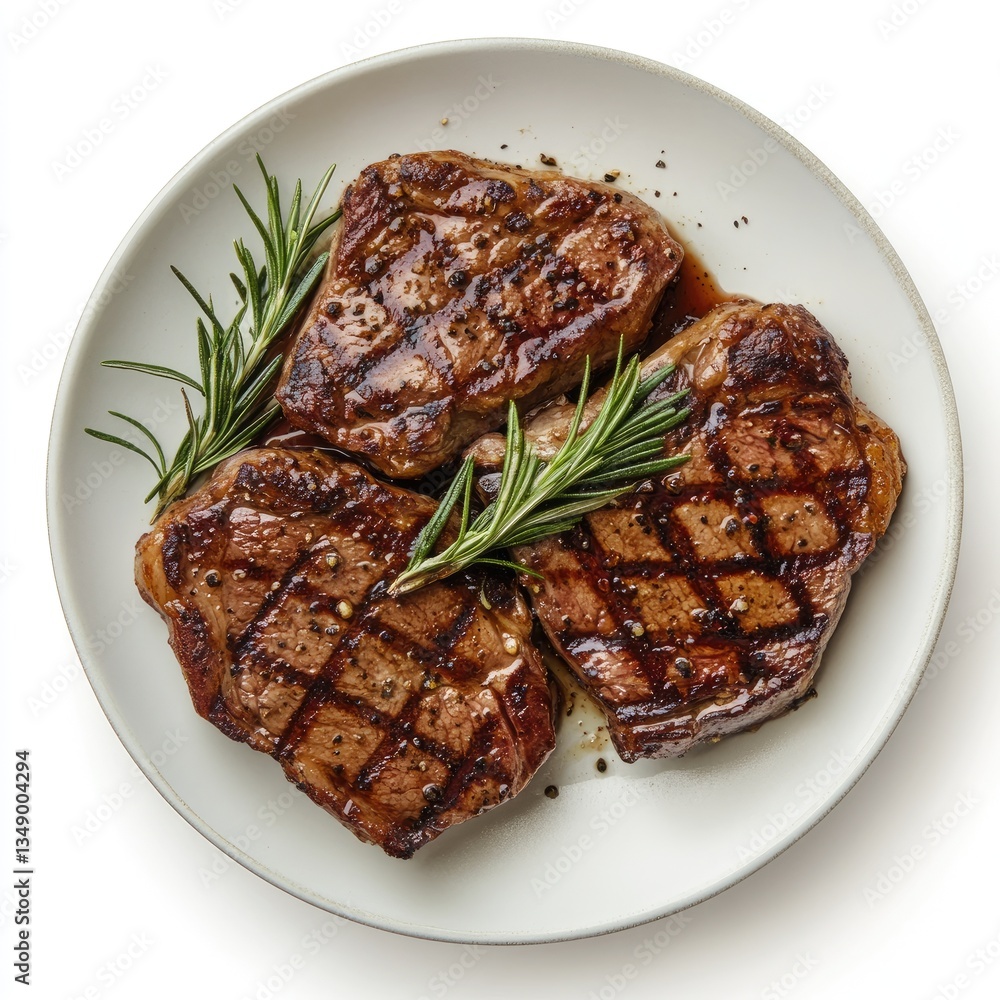 Grilled steaks on a plate. Three cooked steaks, seasoned and grilled, sit on a white plate with sprigs of rosemary Grilled steaks on a plate. Three cooked steaks, seasoned and grilled, sit on a white plate with sprigs of rosemary