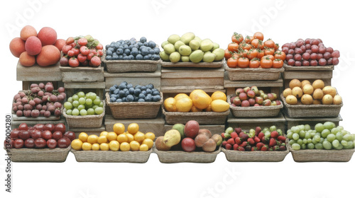Fruit Market Display A Photo Of A Colorful Variety Of Fresh Ripe Fruits Including Apples Tomatoes Blueberries Grapes And Oranges With A Transparent Background