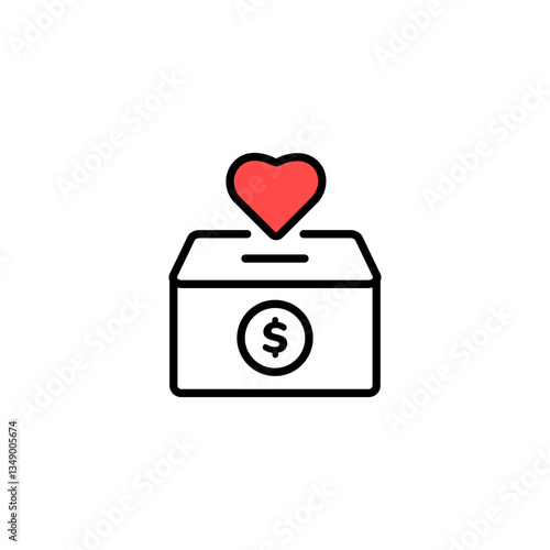 Simple design of a box with a heart above and dollar sign, representing love and support for charity.
