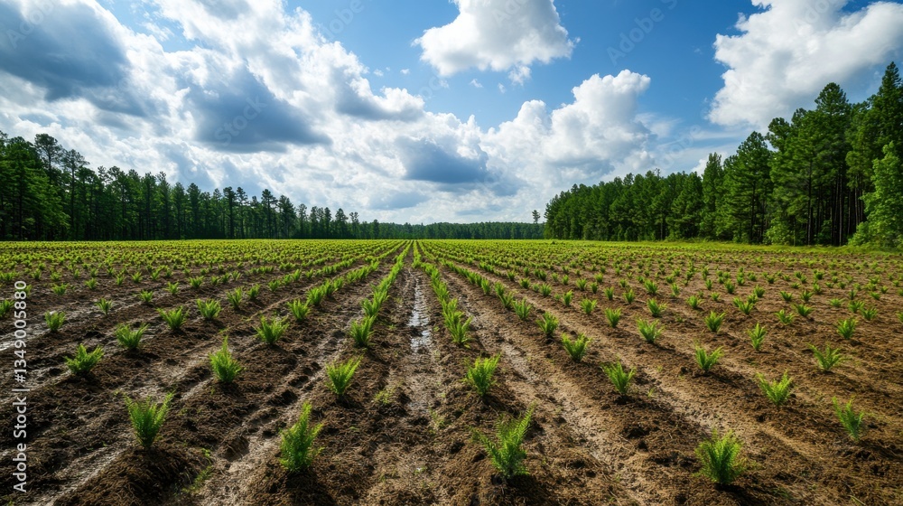 Vast Field of Newly Planted Trees Contrasting with a Blue Sky Filled with Puffy White Clouds. Vast Field of Newly Planted Trees Contrasting with a Blue Sky Filled with Puffy White Clouds.