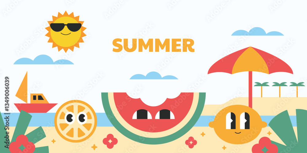 Summer background in geometric flat style. Colorful cartoon character groovy fruits. Summer background in geometric flat style. Colorful cartoon character groovy fruits.