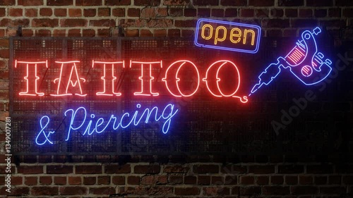 3d Animation. A static shot of a vibrant, glowing Neon Sign with a tattoo machine and Tattoo and Piercing lettering on a brick wall. Sign that says 