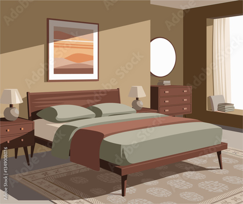 Bedroom interior with bed, carpet, bedside chest of drawers, table lamps, window, wall picture. Vector flat illustration in mid century modern muted color palette