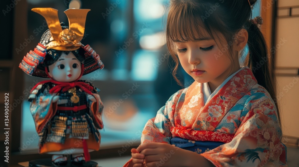 Japanese Girl in Kimono with Traditional Doll: Portrait of Childhood Culture and Festive Dress Japanese Girl in Kimono with Traditional Doll: Portrait of Childhood Culture and Festive Dress