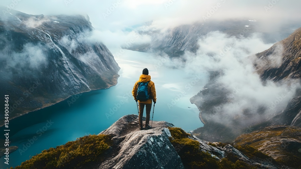 Obraz premium Hiker overlooking a breathtaking fjord from a misty mountain ridge