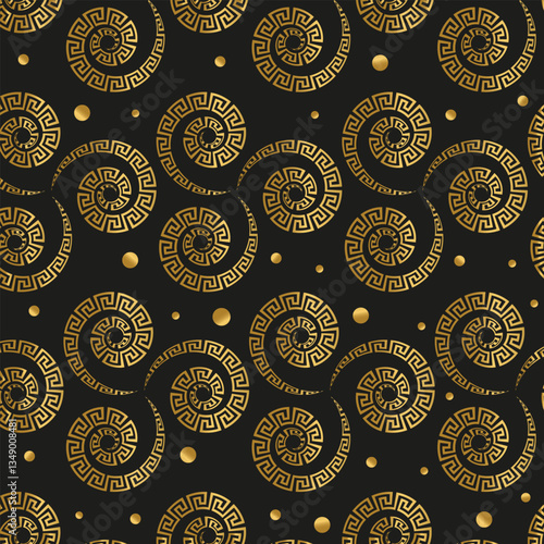 Seamless exquisite luxury pattern of golden spiral meander on black background