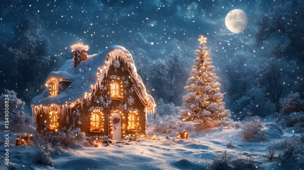 Fototapeta premium Snowy gingerbread house, Christmas tree, winter forest, full moon, holiday card