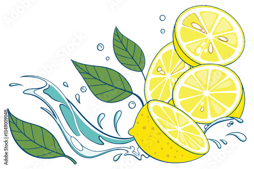 38 Bright yellow lemons, fresh green leaves, splashing water droplets, sliced citrus fruits, white background, high-speed photography, refreshing, vibrant colors, dynamic composition, multiple lemon a