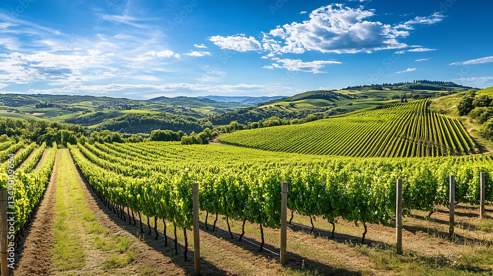 Fototapeta premium Panoramic View of Lush Green Vineyard with Rows of Vines under a Bright Blue Sky