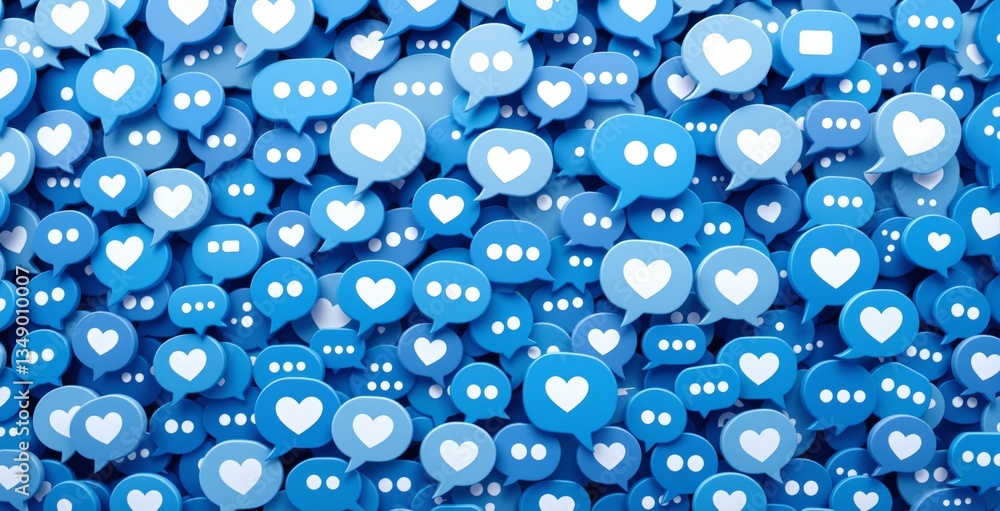 Blue speech bubbles with hearts and chat symbols forming a digital background. Concept of social media, communication, engagement, and online interaction. Ai generative Blue speech bubbles with hearts and chat symbols forming a digital background. Concept of social media, communication, engagement, and online interaction. Ai generative