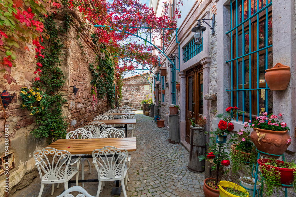 Colorful historical street view in Ayvalik Town.